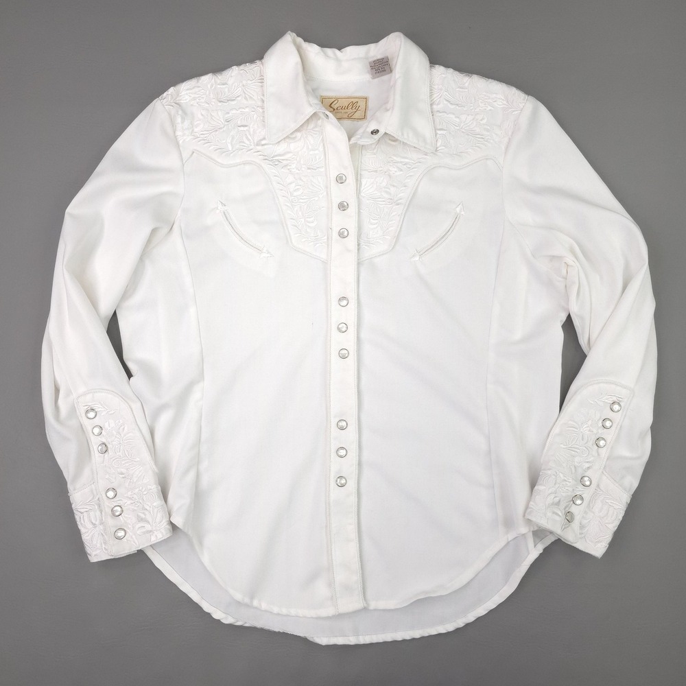 Scully Shirt Womens XL White Embroidered Western Pearl Snap Long Sleeve Cowgirl